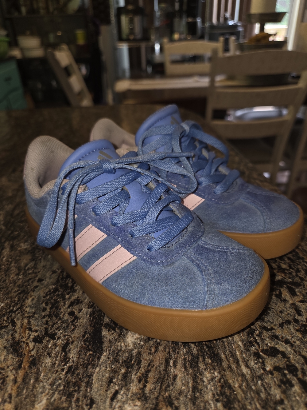 adidas Kids Blue Suede Sneakers with Pink Stripes and Gum Sole